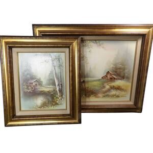 Vintage Rustic Farm Barn Oil Paintings Set of 2 Signed S. Young